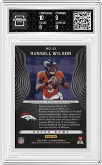 Russell Wilson  from the 2022 Panini Illusions set featuring a Trophy Collection Purple parallel and given an overall grade of 8.5.