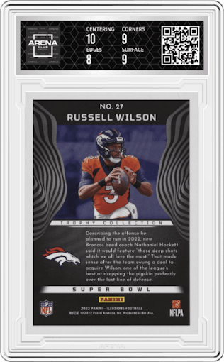 Russell Wilson  from the 2022 Panini Illusions set featuring a Trophy Collection Purple parallel graded by Arena Club and given an overall grade of 8.5.