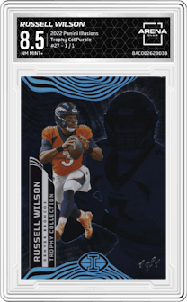Russell Wilson  from the 2022 Panini Illusions set featuring a Trophy Collection Purple parallel and given an overall grade of 8.5.