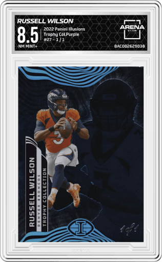Russell Wilson  from the 2022 Panini Illusions set featuring a Trophy Collection Purple parallel graded by Arena Club and given an overall grade of 8.5.