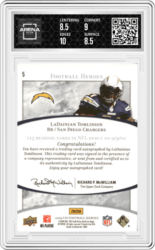  LaDainian Tomlinson from the 2009 Upper Deck Heroes set featuring a Silver parallel graded by Arena Club and given an overall grade of 9.
