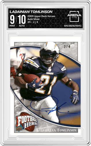 LaDainian Tomlinson from the 2009 Upper Deck Heroes set featuring a Silver parallel graded by Arena Club and given an overall grade of 9.