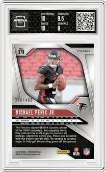 Michael Penix Jr. from the 2024 Panini Prizm set featuring a Pandora parallel and given an overall grade of 8.5.