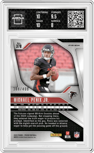 Michael Penix Jr. from the 2024 Panini Prizm set featuring a Pandora parallel graded by Arena Club and given an overall grade of 8.5.