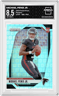 Michael Penix Jr. from the 2024 Panini Prizm set featuring a Pandora parallel and given an overall grade of 8.5.