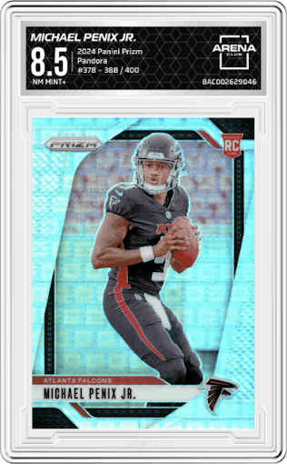 Michael Penix Jr. from the 2024 Panini Prizm set featuring a Pandora parallel graded by Arena Club and given an overall grade of 8.5.
