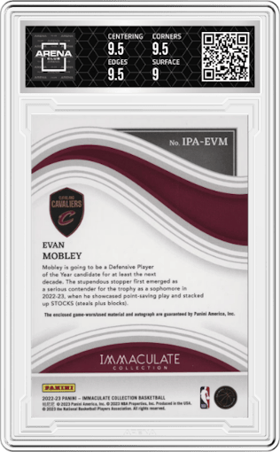 Evan Mobley from the 2022-23 Panini Immaculate Collection set featuring a Gold parallel graded by Arena Club and given an overall grade of 9.5.