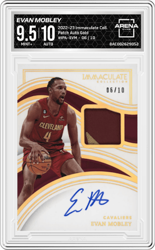 Evan Mobley from the 2022-23 Panini Immaculate Collection set featuring a Gold parallel graded by Arena Club and given an overall grade of 9.5.