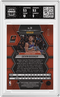 Devin Booker from the 2022-23 Panini Mosaic set featuring a Fast Break Gold parallel and given an overall grade of 9.5.