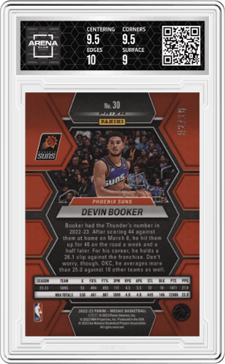 Devin Booker from the 2022-23 Panini Mosaic set featuring a Fast Break Gold parallel graded by Arena Club and given an overall grade of 9.5.