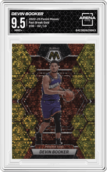 Devin Booker from the 2022-23 Panini Mosaic set featuring a Fast Break Gold parallel and given an overall grade of 9.5.