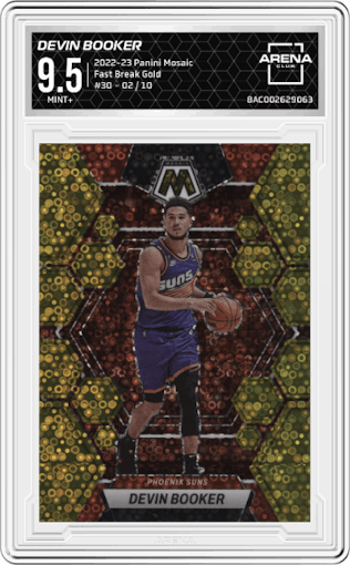 Devin Booker from the 2022-23 Panini Mosaic set featuring a Fast Break Gold parallel graded by Arena Club and given an overall grade of 9.5.