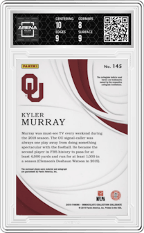 Kyler Murray from the 2019 Panini Immaculate Collection Collegiate set featuring a Gold parallel and given an overall grade of 8.5.