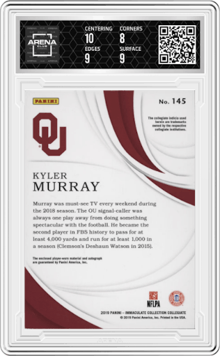 Kyler Murray from the 2019 Panini Immaculate Collection Collegiate set featuring a Gold parallel graded by Arena Club and given an overall grade of 8.5.