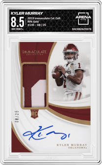 Kyler Murray from the 2019 Panini Immaculate Collection Collegiate set featuring a Gold parallel and given an overall grade of 8.5.