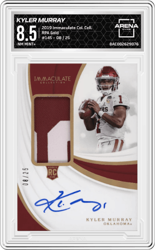 Kyler Murray from the 2019 Panini Immaculate Collection Collegiate set featuring a Gold parallel graded by Arena Club and given an overall grade of 8.5.