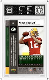 Aaron Rodgers from the 2005 Upper Deck Rookie Premiere set featuring a Platinum parallel graded by Arena Club and given an overall grade of 9.5.