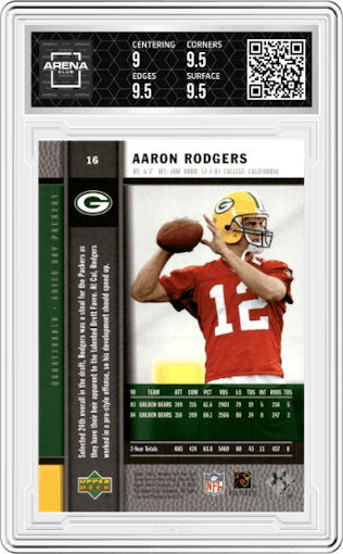 Aaron Rodgers from the 2005 Upper Deck Rookie Premiere set featuring a Platinum parallel graded by Arena Club and given an overall grade of 9.5.