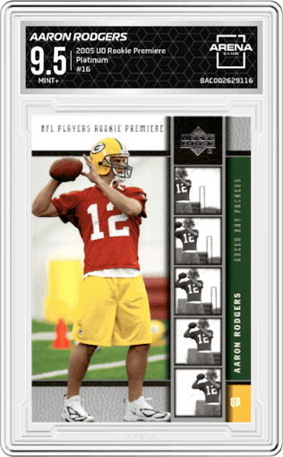 Aaron Rodgers from the 2005 Upper Deck Rookie Premiere set featuring a Platinum parallel graded by Arena Club and given an overall grade of 9.5.