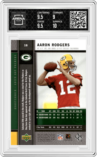 Aaron Rodgers from the 2005 Upper Deck Rookie Premiere set graded by Arena Club and given an overall grade of 9.5.