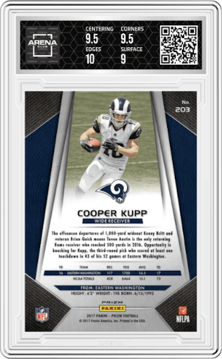 Cooper Kupp from the 2017 Panini Prizm set featuring a Prizm parallel graded by Arena Club and given an overall grade of 9.5.