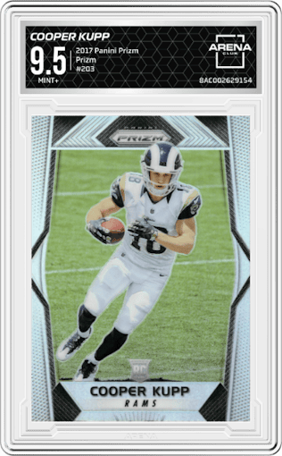 Cooper Kupp from the 2017 Panini Prizm set featuring a Prizm parallel graded by Arena Club and given an overall grade of 9.5.