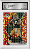 Jordan Love from the 2020 Panini Mosaic set featuring a Reactive Gold parallel graded by Arena Club and given an overall grade of 10.
