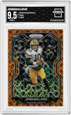 Jordan Love from the 2020 Panini Prizm set featuring a Lazer parallel graded by Arena Club and given an overall grade of 9.5.