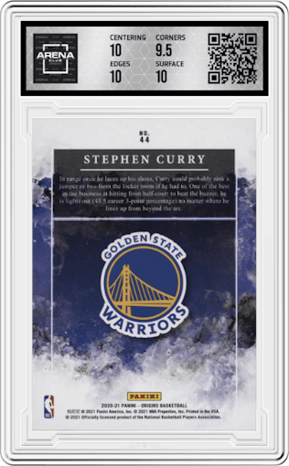 Stephen Curry from the 2020-21 Panini Origins  set featuring a Blue parallel graded by Arena Club and given an overall grade of 10.