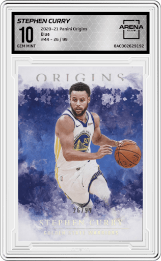 Stephen Curry from the 2020-21 Panini Origins  set featuring a Blue parallel graded by Arena Club and given an overall grade of 10.