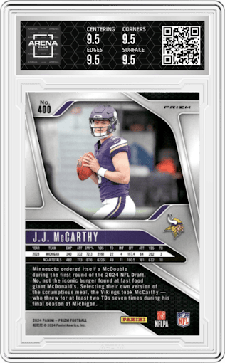 J.J. McCarthy from the 2024 Panini Prizm set featuring a Lazer Prizm parallel graded by Arena Club and given an overall grade of 9.5.