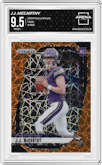 J.J. McCarthy from the 2024 Panini Prizm set featuring a Lazer Prizm parallel graded by Arena Club and given an overall grade of 9.5.