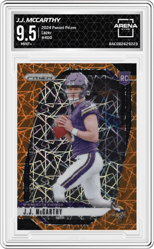 J.J. McCarthy from the 2024 Panini Prizm set featuring a Lazer Prizm parallel graded by Arena Club and given an overall grade of 9.5.