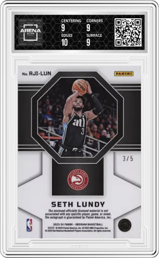 Seth Lundy from the 2023-24 Panini Obsidian set featuring a Electric Etch Deep Sea Mojo parallel graded by Arena Club and given an overall grade of 9.5.