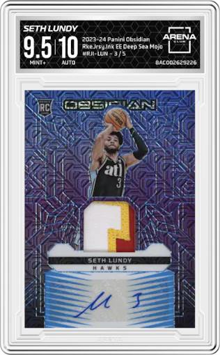 Seth Lundy from the 2023-24 Panini Obsidian set featuring a Electric Etch Deep Sea Mojo parallel graded by Arena Club and given an overall grade of 9.5.