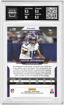 Justin Jefferson from the 2020 Panini Prizm set featuring a Silver Prizm parallel graded by Arena Club and given an overall grade of 9.