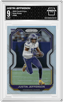 Justin Jefferson from the 2020 Panini Prizm set featuring a Silver Prizm parallel graded by Arena Club and given an overall grade of 9.