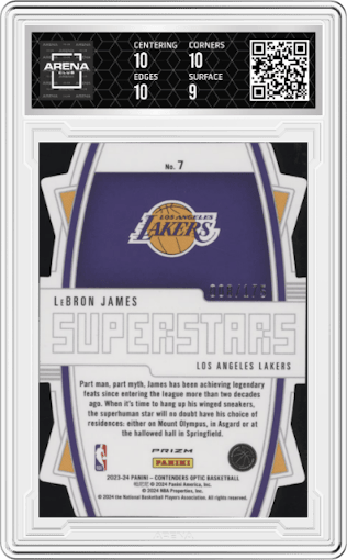 LeBron James from the 2023-24 Panini Contenders Optic set featuring a Red Cracked Ice  parallel graded by Arena Club and given an overall grade of 9.5.