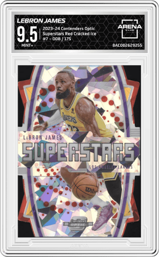 LeBron James from the 2023-24 Panini Contenders Optic set featuring a Red Cracked Ice  parallel graded by Arena Club and given an overall grade of 9.5.