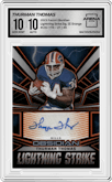 Thurman Thomas from the 2023 Panini Obsidian set featuring a Electric Etch Orange parallel graded by Arena Club and given an overall grade of 10.