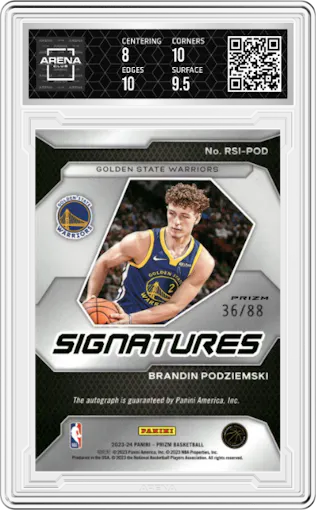 Brandin Podziemski from the 2023-24 Panini Prizm set featuring a Choice parallel graded by Arena Club and given an overall grade of 8.5.