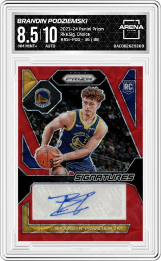 Brandin Podziemski from the 2023-24 Panini Prizm set featuring a Choice parallel graded by Arena Club and given an overall grade of 8.5.