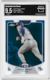 Shohei Ohtani from the 2024 Topps 50/50 set featuring a Chrome Blue parallel graded by Arena Club and given an overall grade of 9.5.