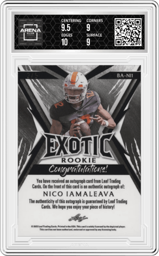 Nico Iamaleava from the 2023 Leaf Exotic  set featuring a Zebra Prismatic parallel graded by Arena Club and given an overall grade of 9.5.