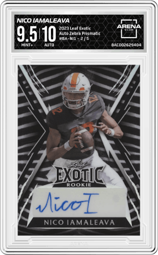 Nico Iamaleava from the 2023 Leaf Exotic  set featuring a Zebra Prismatic parallel graded by Arena Club and given an overall grade of 9.5.