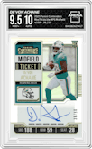 De'Von Achane  from the 2023 Panini Contenders set featuring a Midfield Ticket parallel graded by Arena Club and given an overall grade of 9.5.
