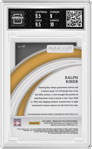 Ralph Kiner from the 2022 Panini Immaculate Collection set featuring a Red parallel graded by Arena Club and given an overall grade of 9.5.