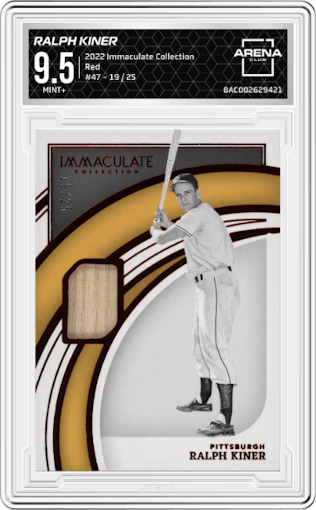 Ralph Kiner from the 2022 Panini Immaculate Collection set featuring a Red parallel graded by Arena Club and given an overall grade of 9.5.