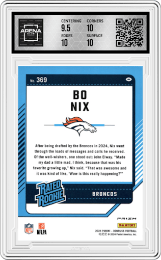 Bo Nix from the 2024 Donruss set featuring a Pink parallel graded by Arena Club and given an overall grade of 10.