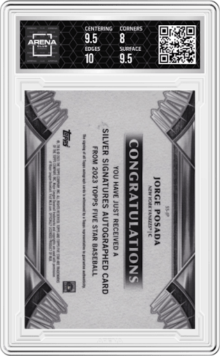 Jorge Posada from the 2023 Topps Five Star set featuring a Purple parallel graded by Arena Club and given an overall grade of 8.5.